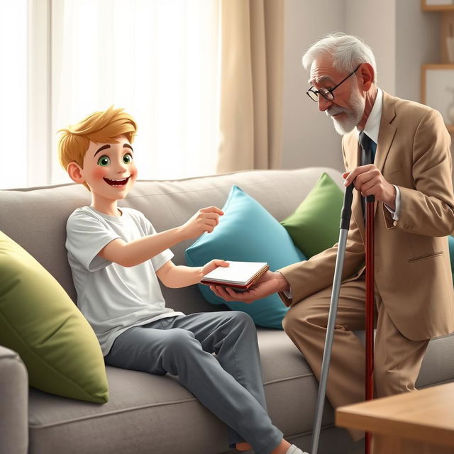 A cozy living room scene depicting a 10-year-old boy named Omid sitting on a light gray couch adorned with colorful cushions in shades of green and blue