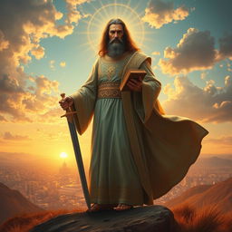 A dramatic and inspired artistic depiction of a figure resembling the Mahdi, depicted in a mystical landscape