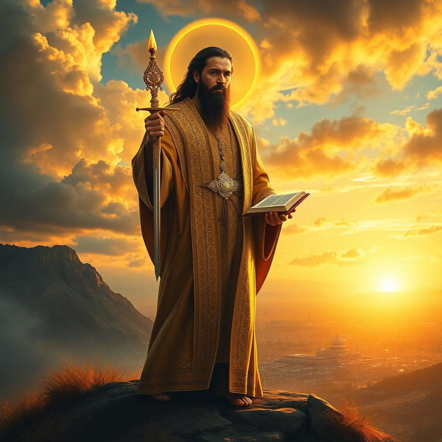 A dramatic and inspired artistic depiction of a figure resembling the Mahdi, depicted in a mystical landscape