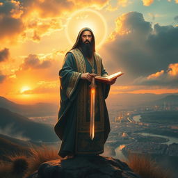 A dramatic and inspired artistic depiction of a figure resembling the Mahdi, depicted in a mystical landscape