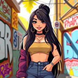 A stylized illustration of a confident and charismatic woman resembling Mia Khalifa, featuring long dark hair, striking brown eyes, and a playful smile