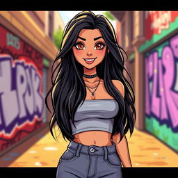 A stylized illustration of a confident and charismatic woman resembling Mia Khalifa, featuring long dark hair, striking brown eyes, and a playful smile