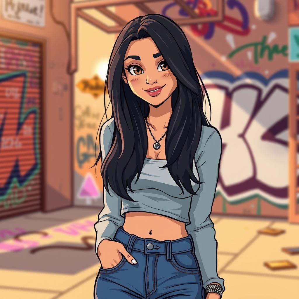 A stylized illustration of a confident and charismatic woman resembling Mia Khalifa, featuring long dark hair, striking brown eyes, and a playful smile