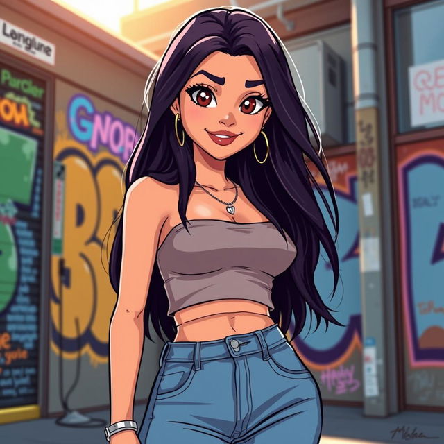 A stylized illustration of a confident and charismatic woman resembling Mia Khalifa, featuring long dark hair, striking brown eyes, and a playful smile