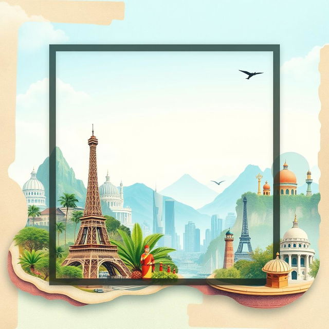 A visually appealing background design for a travel and tourism company, incorporated within a square frame