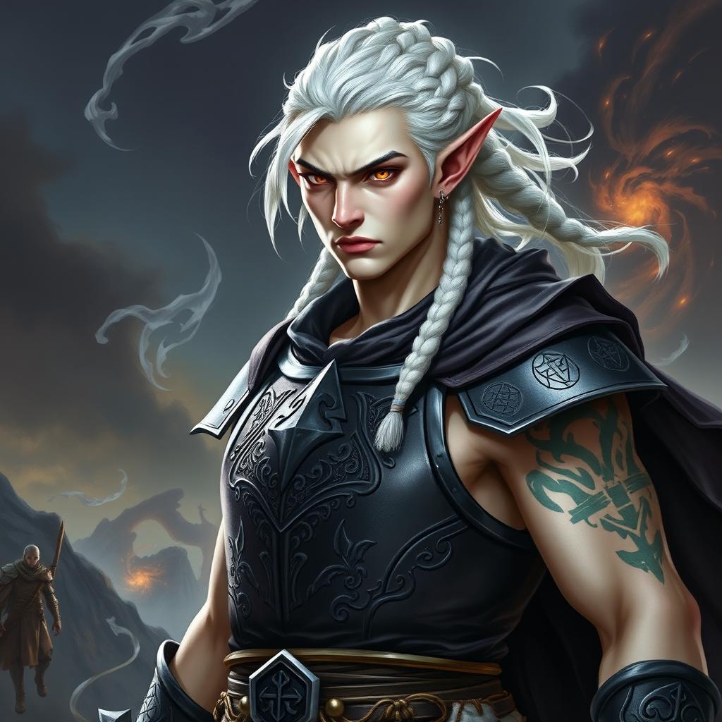 A male elf character representing the battle warlock class, depicted in a serious battle stance