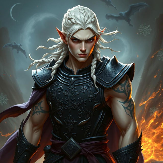 A male elf character representing the battle warlock class, depicted in a serious battle stance