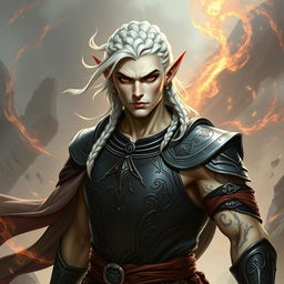 A male elf character representing the battle warlock class, depicted in a serious battle stance