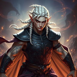 A male elf character representing the battle warlock class, depicted in a serious battle stance