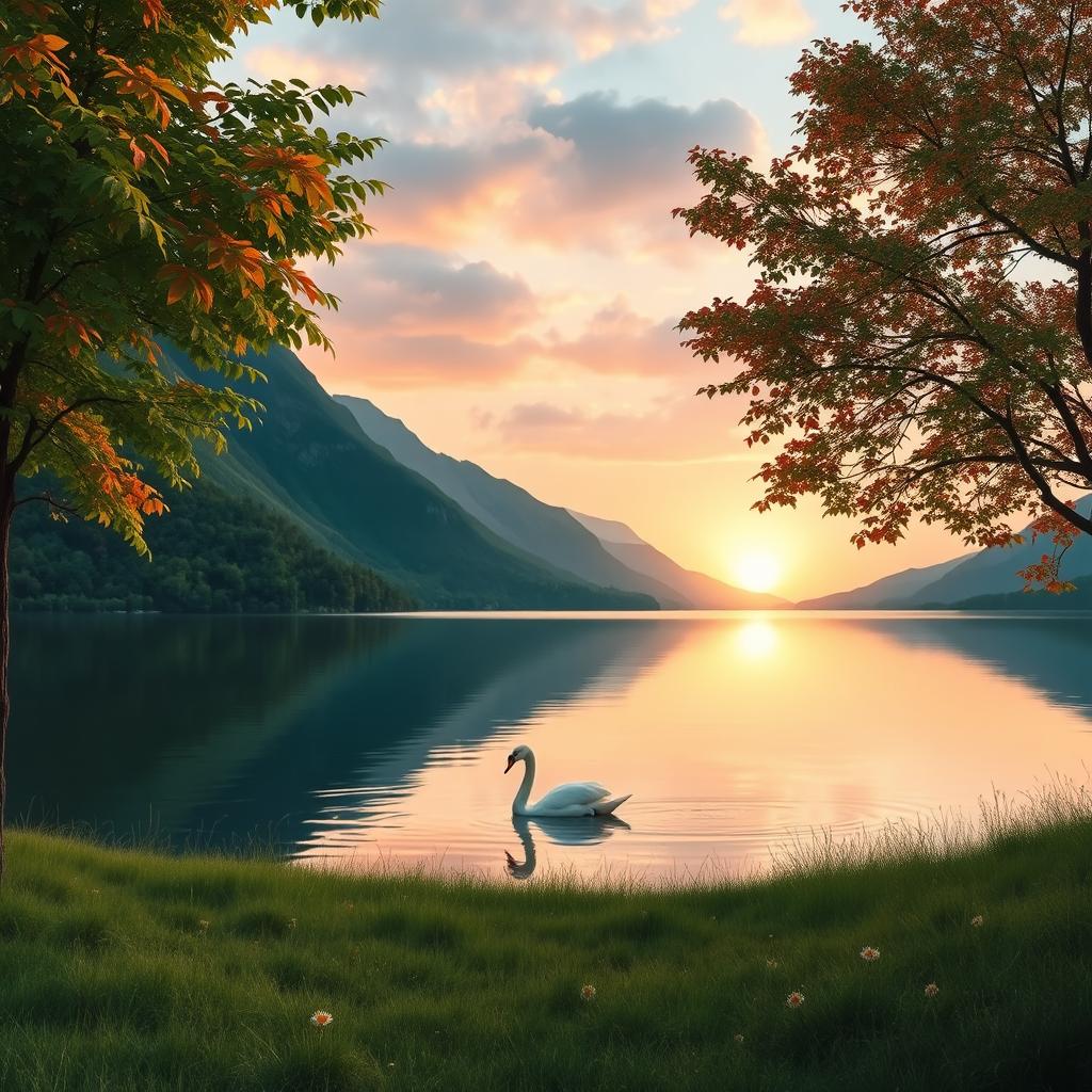 Salam, an artistic representation of a serene nature scene including a tranquil lake surrounded by green mountains