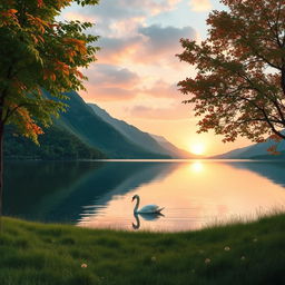 Salam, an artistic representation of a serene nature scene including a tranquil lake surrounded by green mountains