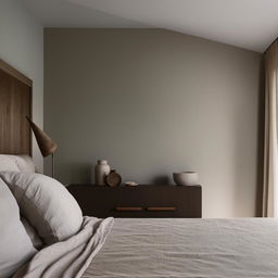 A modern and cozy bedroom with neutral color tones, combining style and comfort. The room features a king sized bed, a stylish side table, and simple lighting to maintain a serene atmosphere.