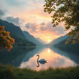 Salam, an artistic representation of a serene nature scene including a tranquil lake surrounded by green mountains