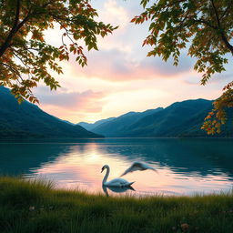 Salam, an artistic representation of a serene nature scene including a tranquil lake surrounded by green mountains