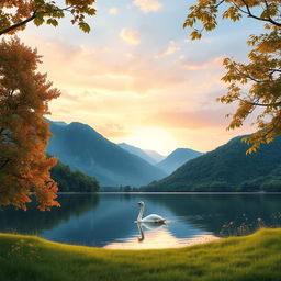 Salam, an artistic representation of a serene nature scene including a tranquil lake surrounded by green mountains