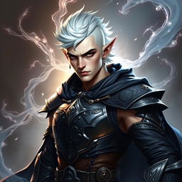 A male elf character representing the battle warlock class, depicted in a serious battle stance