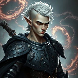 A male elf character representing the battle warlock class, depicted in a serious battle stance