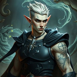 A male elf character representing the battle warlock class, depicted in a serious battle stance