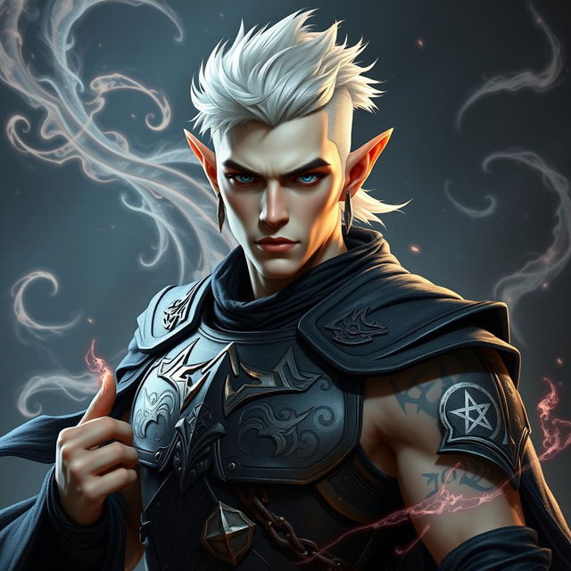 A male elf character representing the battle warlock class, depicted in a serious battle stance