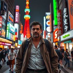 A portrait of Ali Daei, the iconic Iranian footballer, walking through the bustling streets of Tokyo, Japan