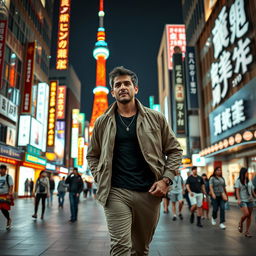 A portrait of Ali Daei, the iconic Iranian footballer, walking through the bustling streets of Tokyo, Japan