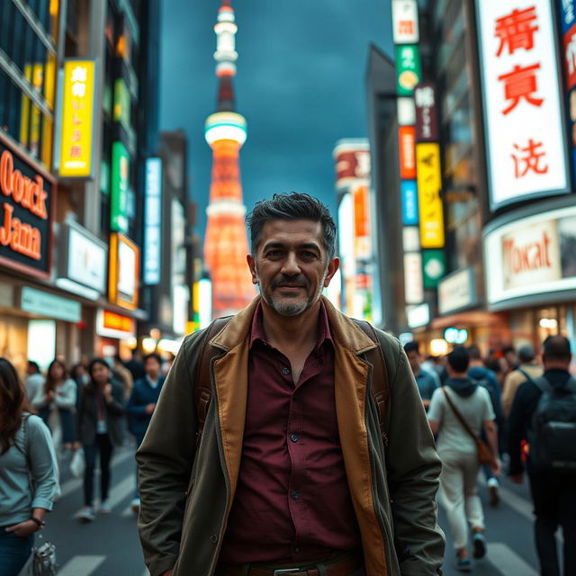 A portrait of Ali Daei, the iconic Iranian footballer, walking through the bustling streets of Tokyo, Japan