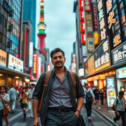 A portrait of Ali Daei, the iconic Iranian footballer, walking through the bustling streets of Tokyo, Japan