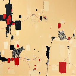 An abstract acrylic painting featuring a rich palette predominantly of beige colors with striking dark inlays of black and red