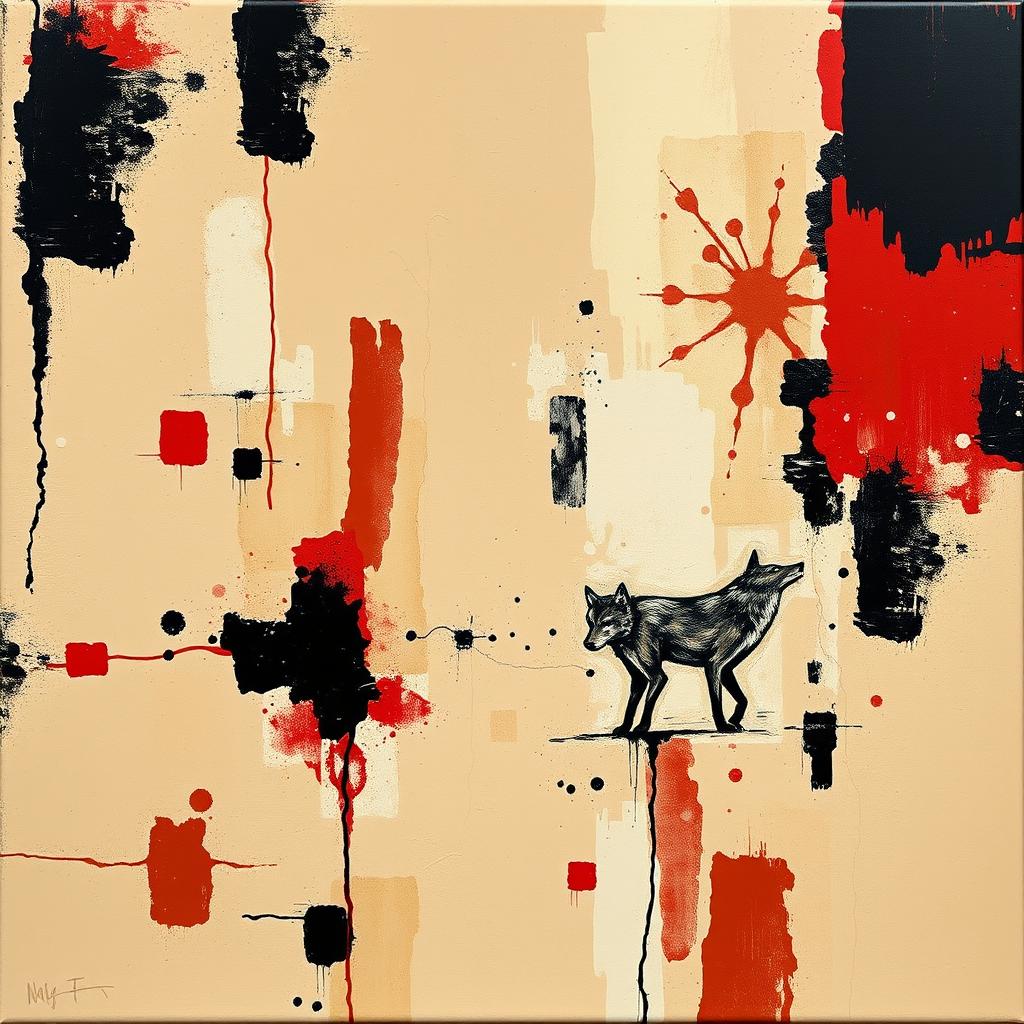 An abstract acrylic painting featuring a rich palette predominantly of beige colors with striking dark inlays of black and red