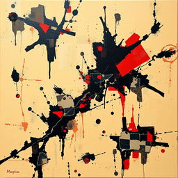 An abstract acrylic painting featuring a rich palette predominantly of beige colors with striking dark inlays of black and red