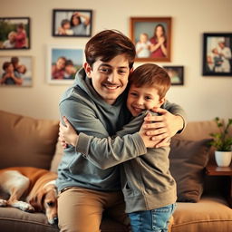 A close-knit family moment where two brothers, one slightly older, share a warm and caring hug
