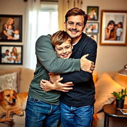 A close-knit family moment where two brothers, one slightly older, share a warm and caring hug