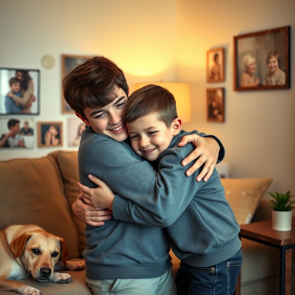 A close-knit family moment where two brothers, one slightly older, share a warm and caring hug