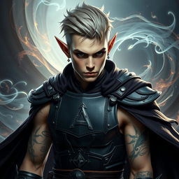 A male elf character representing the battle warlock class, captured in a serious battle stance