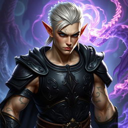 A male elf character representing the battle warlock class, captured in a serious battle stance