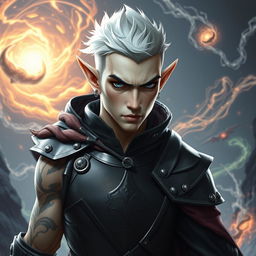 A male elf character representing the battle warlock class, captured in a serious battle stance