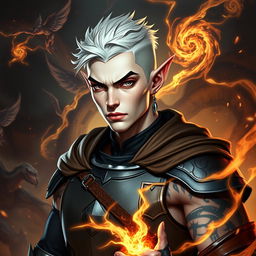 A male elf character representing the battle warlock class, captured in a serious battle stance