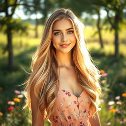 A beautiful young woman with long flowing blonde hair and striking blue eyes, standing confidently in a serene outdoor setting