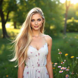 A beautiful young woman with long flowing blonde hair and striking blue eyes, standing confidently in a serene outdoor setting