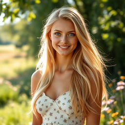 A beautiful young woman with long flowing blonde hair and striking blue eyes, standing confidently in a serene outdoor setting