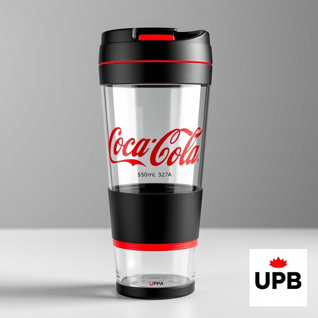 A 500ml eco-friendly reusable cup, designed to be BPA-free, personalized with the official logos of Coca Cola and UPB