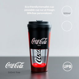 A 500ml eco-friendly reusable cup, designed to be BPA-free, personalized with the official logos of Coca Cola and UPB