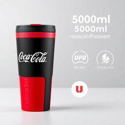 A 500ml eco-friendly reusable cup, designed to be BPA-free, personalized with the official logos of Coca Cola and UPB