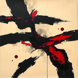 An artwork created with acrylic colors featuring a dominant base of beige hues complemented by bold inlays of dark black and red