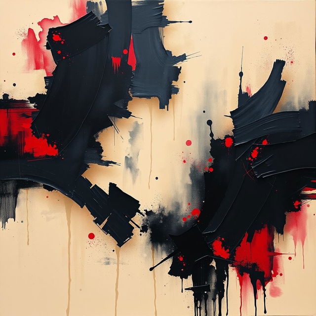 An artwork created with acrylic colors featuring a dominant base of beige hues complemented by bold inlays of dark black and red