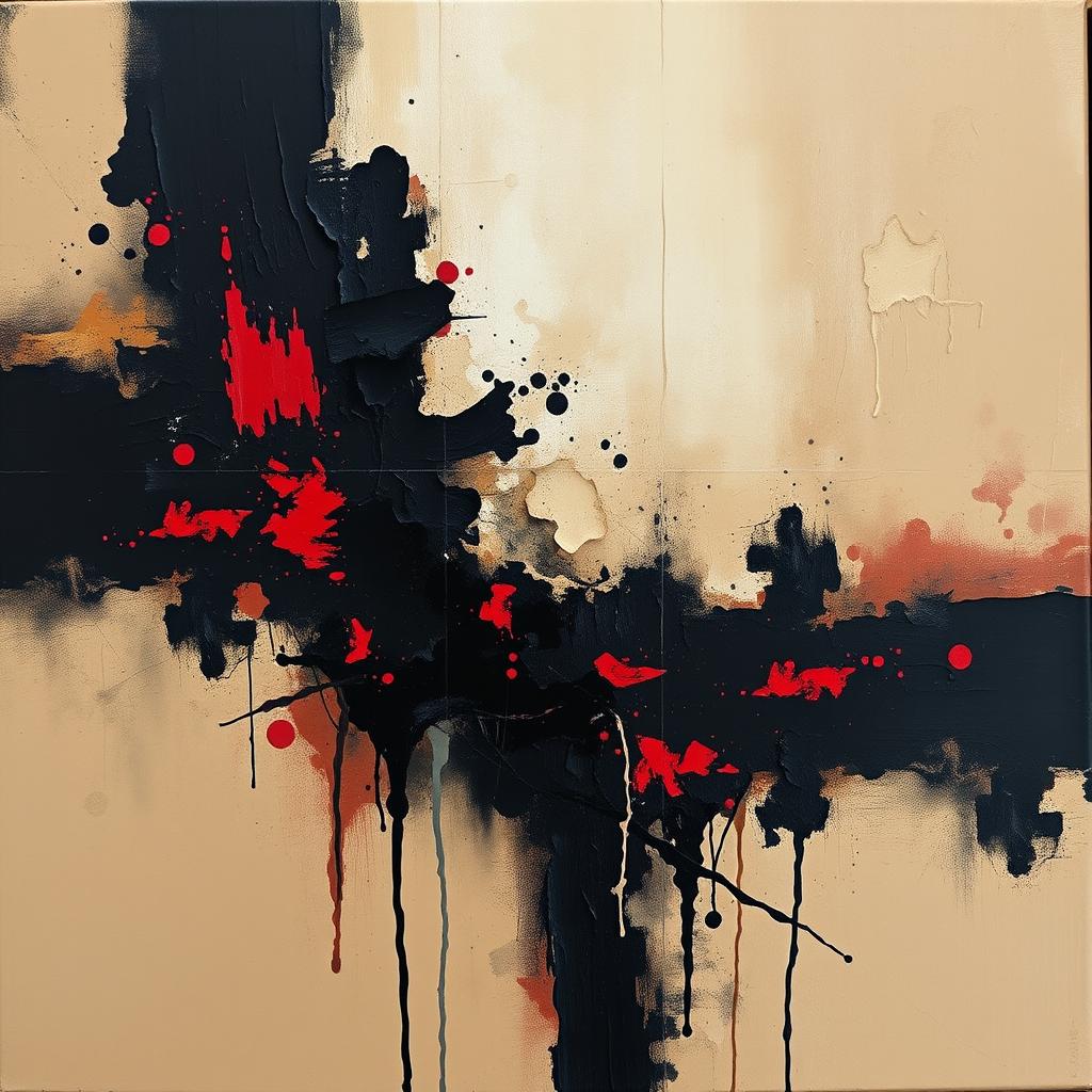 An artwork created with acrylic colors featuring a dominant base of beige hues complemented by bold inlays of dark black and red