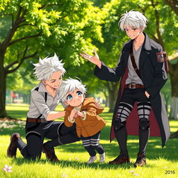 A playful scene featuring a unique combination of the characters Levi Ackerman from Attack on Titan and Gojo Satoru from Jujutsu Kaisen as young adults, playfully interacting with their child