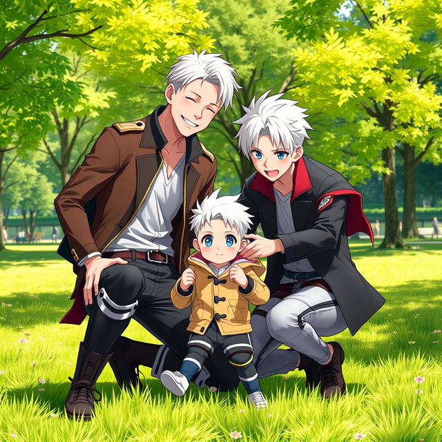 A playful scene featuring a unique combination of the characters Levi Ackerman from Attack on Titan and Gojo Satoru from Jujutsu Kaisen as young adults, playfully interacting with their child