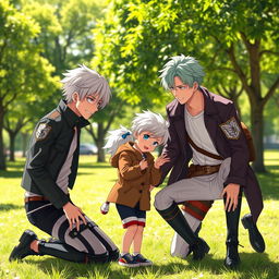A playful scene featuring a unique combination of the characters Levi Ackerman from Attack on Titan and Gojo Satoru from Jujutsu Kaisen as young adults, playfully interacting with their child