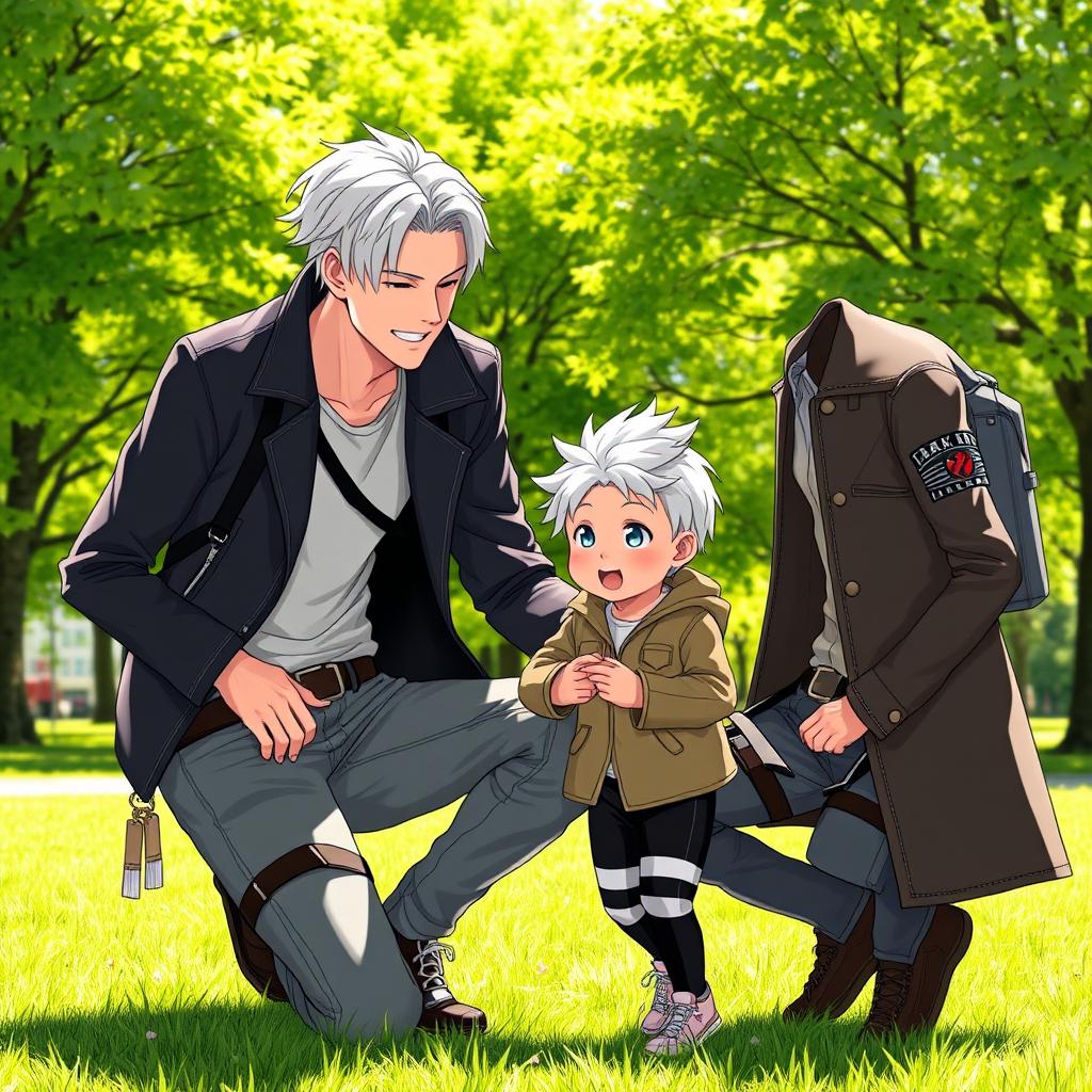 A playful scene featuring a unique combination of the characters Levi Ackerman from Attack on Titan and Gojo Satoru from Jujutsu Kaisen as young adults, playfully interacting with their child